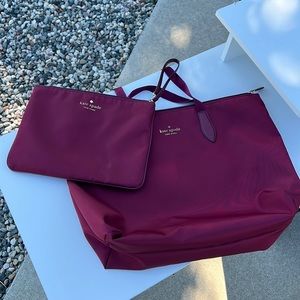 Kate Spade nylon zippered tote bag with smaller bag in deep berry.